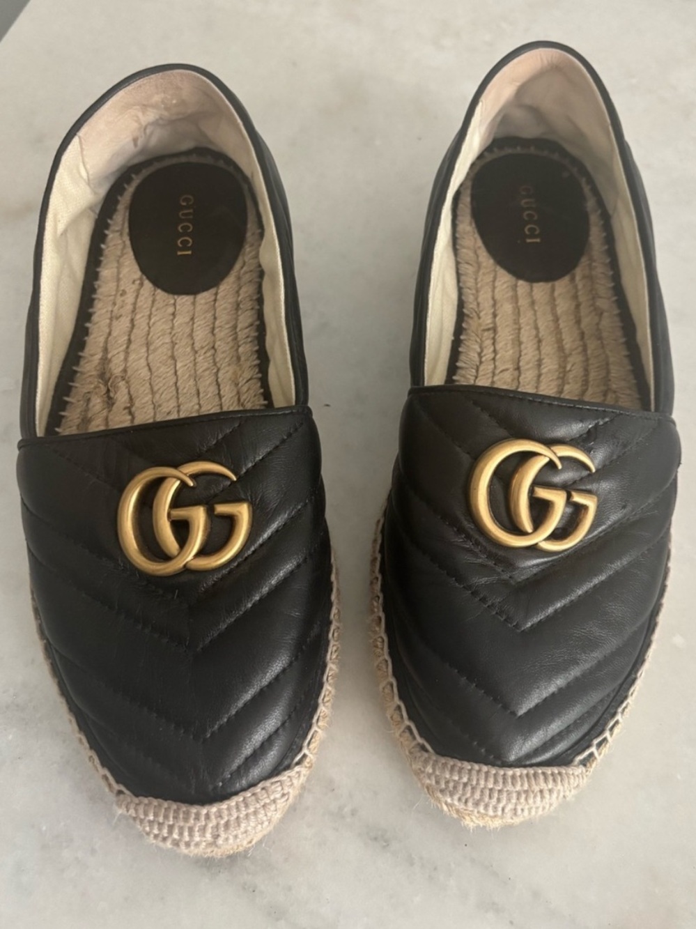 Gucci Black Quilted Leather Espadrilles with Gold GG Logo - Picture 1 of 2